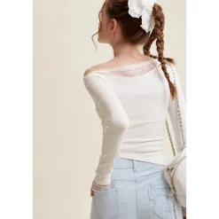 Kroche Lace Patchwork Wrinkle Diagonal Shoulder Top
