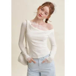 Kroche Lace Patchwork Wrinkle Diagonal Shoulder Top