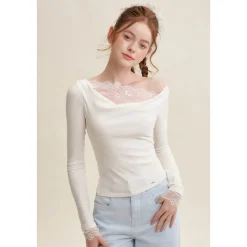 Kroche Lace Patchwork Wrinkle Diagonal Shoulder Top