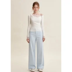 Kroche Lace Patchwork Wrinkle Diagonal Shoulder Top