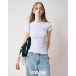 Kroche Lace Sleeve Clean Fit Logo Slim Fit Top White