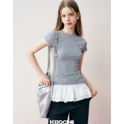 Kroche Lace Sleeve Clean Fit Logo Slim Fit Top Grey