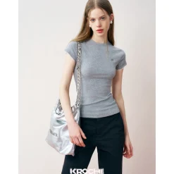 Kroche Lace Sleeve Clean Fit Logo Slim Fit Top Grey