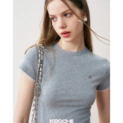 Kroche Lace Sleeve Clean Fit Logo Slim Fit Top Grey
