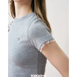 Kroche Lace Sleeve Clean Fit Logo Slim Fit Top Grey