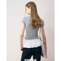 Kroche Lace Sleeve Clean Fit Logo Slim Fit Top Grey