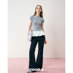 Kroche Lace Sleeve Clean Fit Logo Slim Fit Top Grey