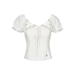 Kroche Lemon Embroidery Lace Up Shirt Top White