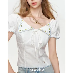 Kroche Lemon Embroidery Lace Up Shirt Top White