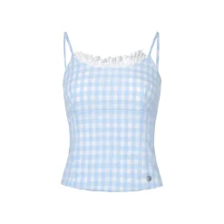 Kroche Plaid Lace Edge Patchwork Vest Blue