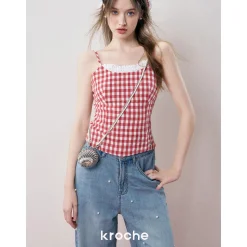 Kroche Plaid Lace Edge Patchwork Vest Red
