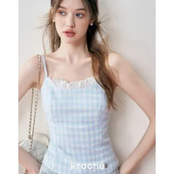 Kroche Plaid Lace Edge Patchwork Vest Blue