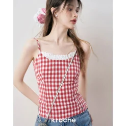 Kroche Plaid Lace Edge Patchwork Vest Red