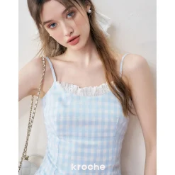 Kroche Plaid Lace Edge Patchwork Vest Blue