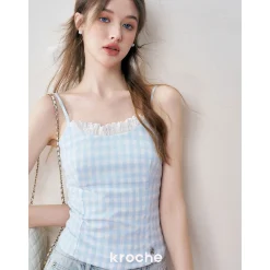 Kroche Plaid Lace Edge Patchwork Vest Blue