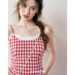 Kroche Plaid Lace Edge Patchwork Vest Red