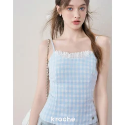 Kroche Plaid Lace Edge Patchwork Vest Blue