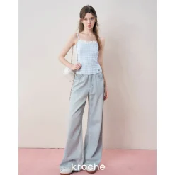 Kroche Plaid Lace Edge Patchwork Vest Blue
