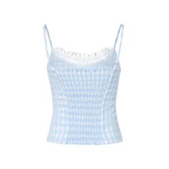 Kroche Plaid Lace Edge Patchwork Vest Blue