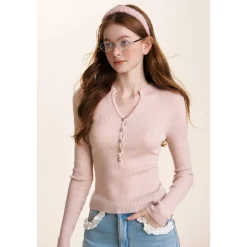 Kroche Rose Button V-Neck Knitted Top Pink