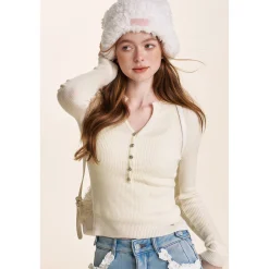 Kroche Rose Button V-Neck Knitted Top Beige