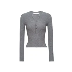 Kroche Rose Button V-Neck Knitted Top Gray