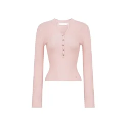 Kroche Rose Button V-Neck Knitted Top Pink