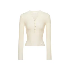 Kroche Rose Button V-Neck Knitted Top Beige