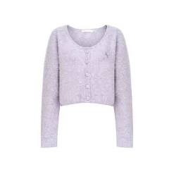 Kroche Sequin Embroidery U-Neck Woolen Cardigan Purple