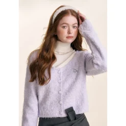 Kroche Sequin Embroidery U-Neck Woolen Cardigan Purple