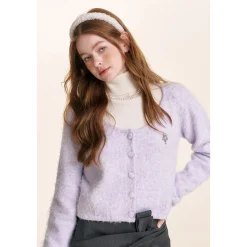 Kroche Sequin Embroidery U-Neck Woolen Cardigan Purple
