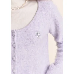 Kroche Sequin Embroidery U-Neck Woolen Cardigan Purple