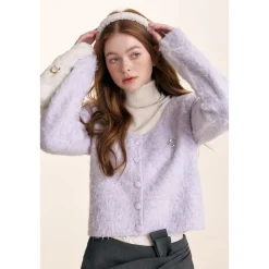 Kroche Sequin Embroidery U-Neck Woolen Cardigan Purple