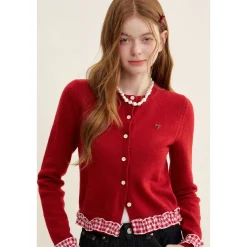 Kroche Stringy Selvedge Plaid Patchwork Knit Cardigan Red