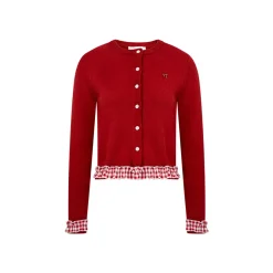 Kroche Stringy Selvedge Plaid Patchwork Knit Cardigan Red