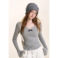 Kroche Velvet Bow Lace Patchwork V-Neck Knit Top Gray