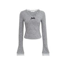 Kroche Velvet Bow Lace Patchwork V-Neck Knit Top Gray