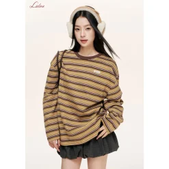 Liilou Athflow Contrast Color Striped L/S Top Brown