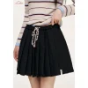 Liilou Contrast Color Drawstring Tweed Pleated Skirt Black