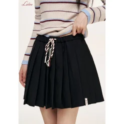 Liilou Contrast Color Drawstring Tweed Pleated Skirt Black