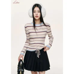Liilou Contrast Color Drawstring Tweed Pleated Skirt Black