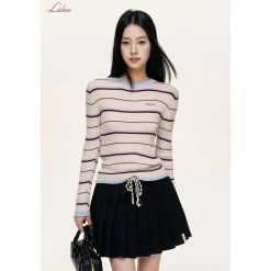 Liilou Contrast Color Drawstring Tweed Pleated Skirt Black