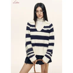 Liilou Contrast Color Striped Lapel V-Neck Knit Sweater