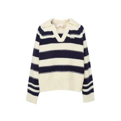 Liilou Contrast Color Striped Lapel V-Neck Knit Sweater