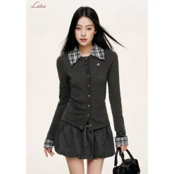 Liilou Detachable Plaid Patchwork Waisted Knit Top