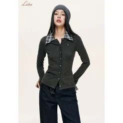 Liilou Detachable Plaid Patchwork Waisted Knit Top