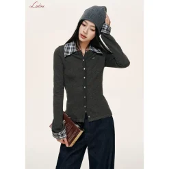 Liilou Detachable Plaid Patchwork Waisted Knit Top