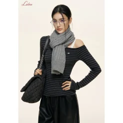 Liilou Diagonal Off-Shoulder Striped Knit Top