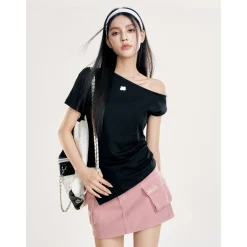 Liilou Diagonal Off-Shoulder Irregular Top Black