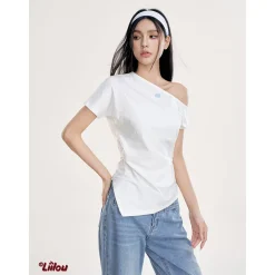 Liilou Diagonal Off-Shoulder Irregular Top White